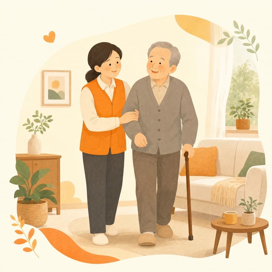 요양보호사가 어르신의 보행을 돕는 일러스트